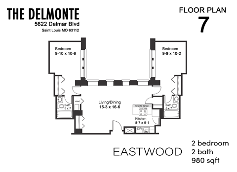 Floor plan for 2 beds, 2 baths, 980 sqft